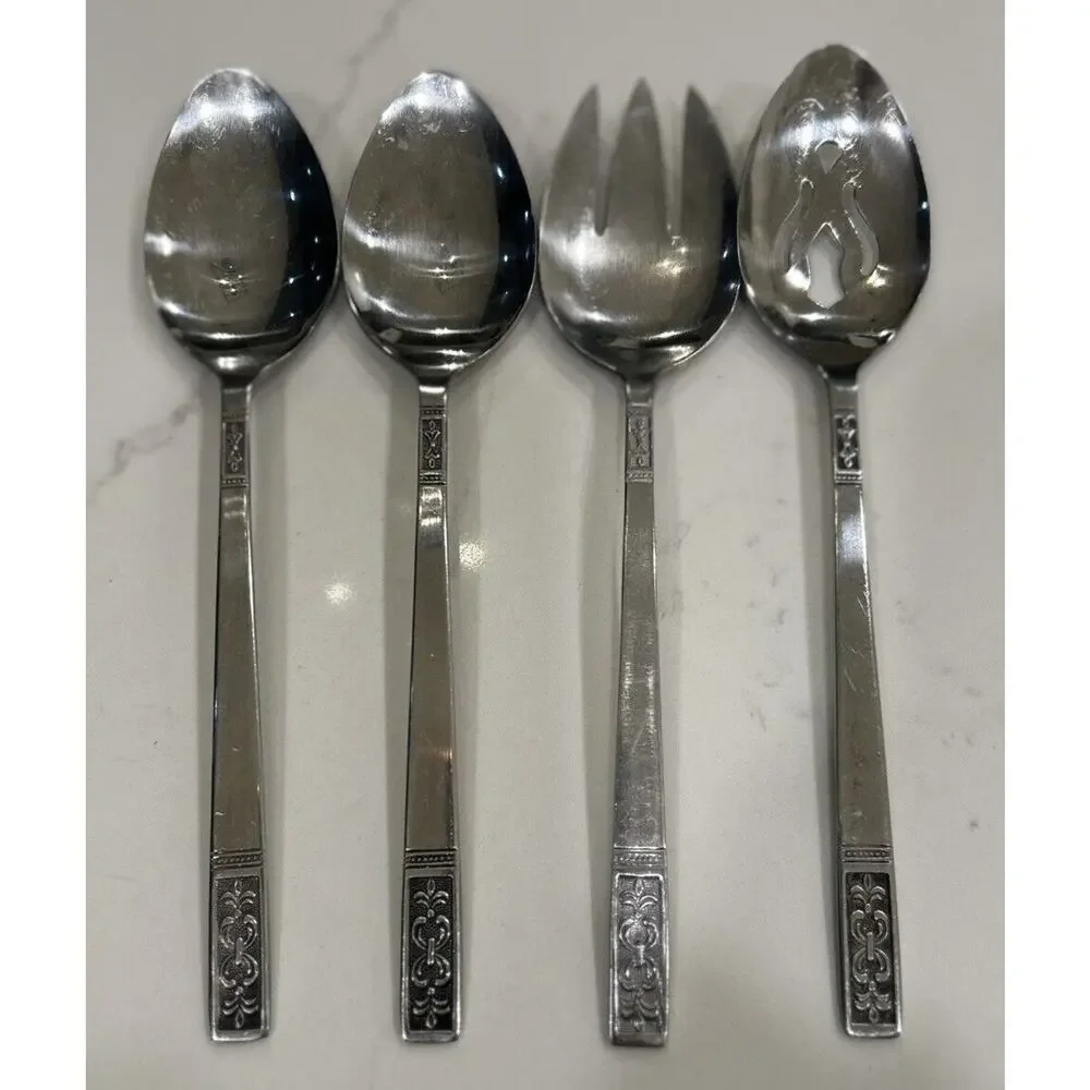 Vtg Set of 4 Fleur de‎ Lis Serving Pieces Stainless Flatware Taiwan Customcraft